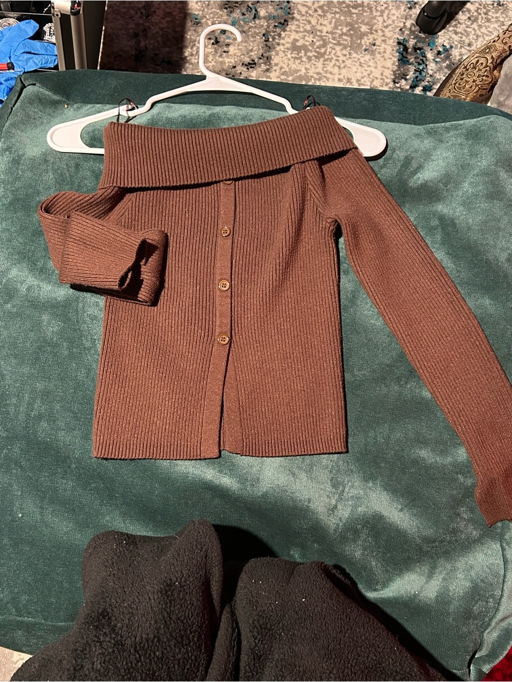 HYFVE Off-the-Shoulder Ribbed Brown Button-Front Sweater